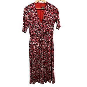 Vince Camuto Ruched Dress Red Blue White Abstract Midi Women's Size 6